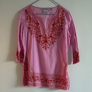 Gretchen Scott Designs Pink with Orange Embroidered Tunic. Size Medium